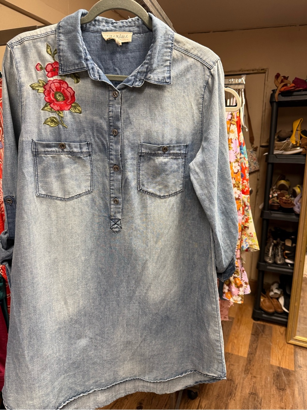 En Creme Light Blue Denim Tunic with Red Floral Embroidery